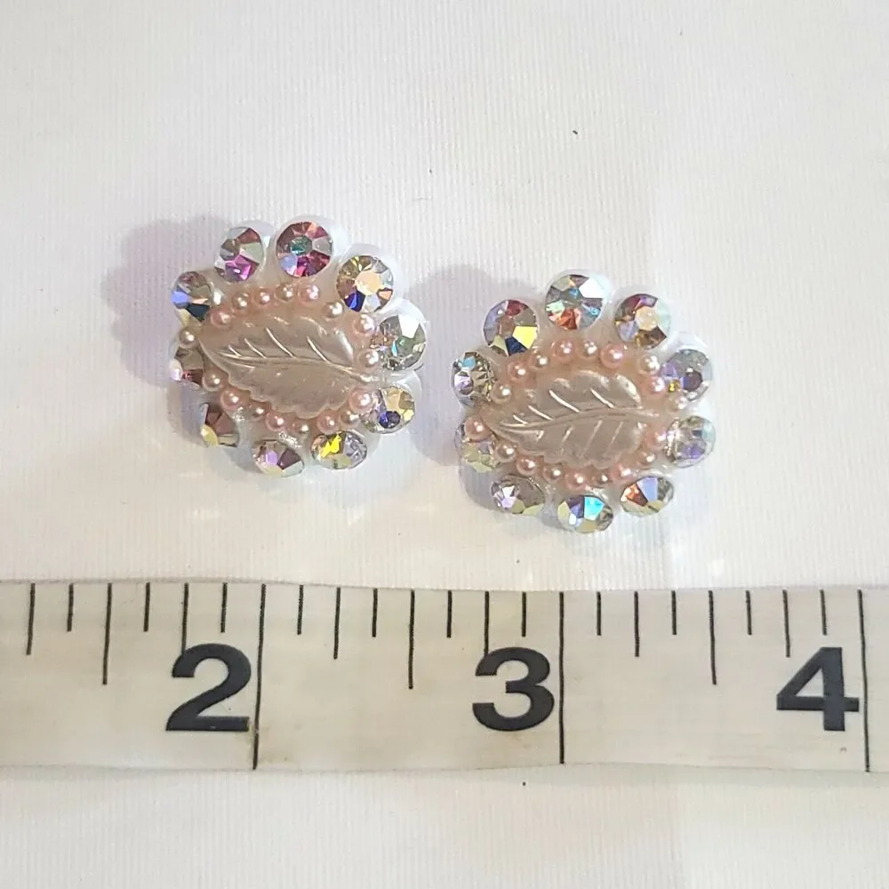 Vintage AB Rhinestone Shimmer Pink Leaf Clip On Earrings